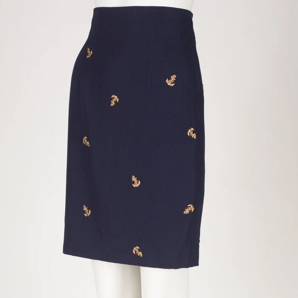 Lolita Lempicka 1990s Vintage Nautical Anchor Applique Navy Wool Pencil Skirt S